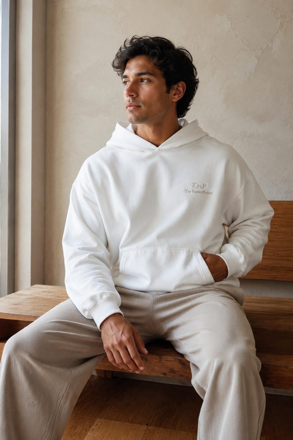 Seated on a bench in the hoodie and wide-leg sweatpant